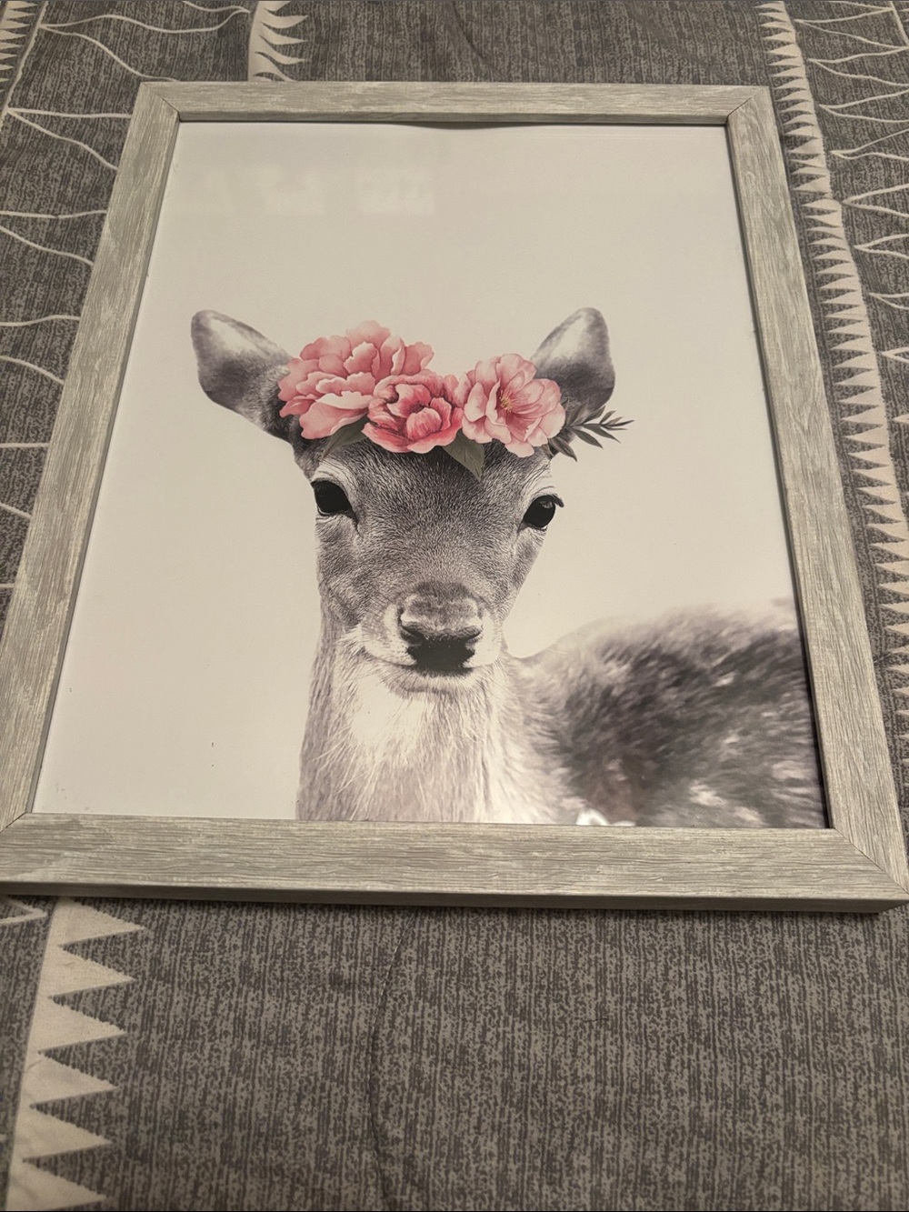 Source Unknown Framed Deer Print with Pink Floral Crown